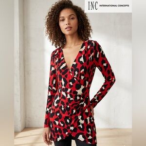 INC International Concepts Red Black Cream Leopard Wrap Top